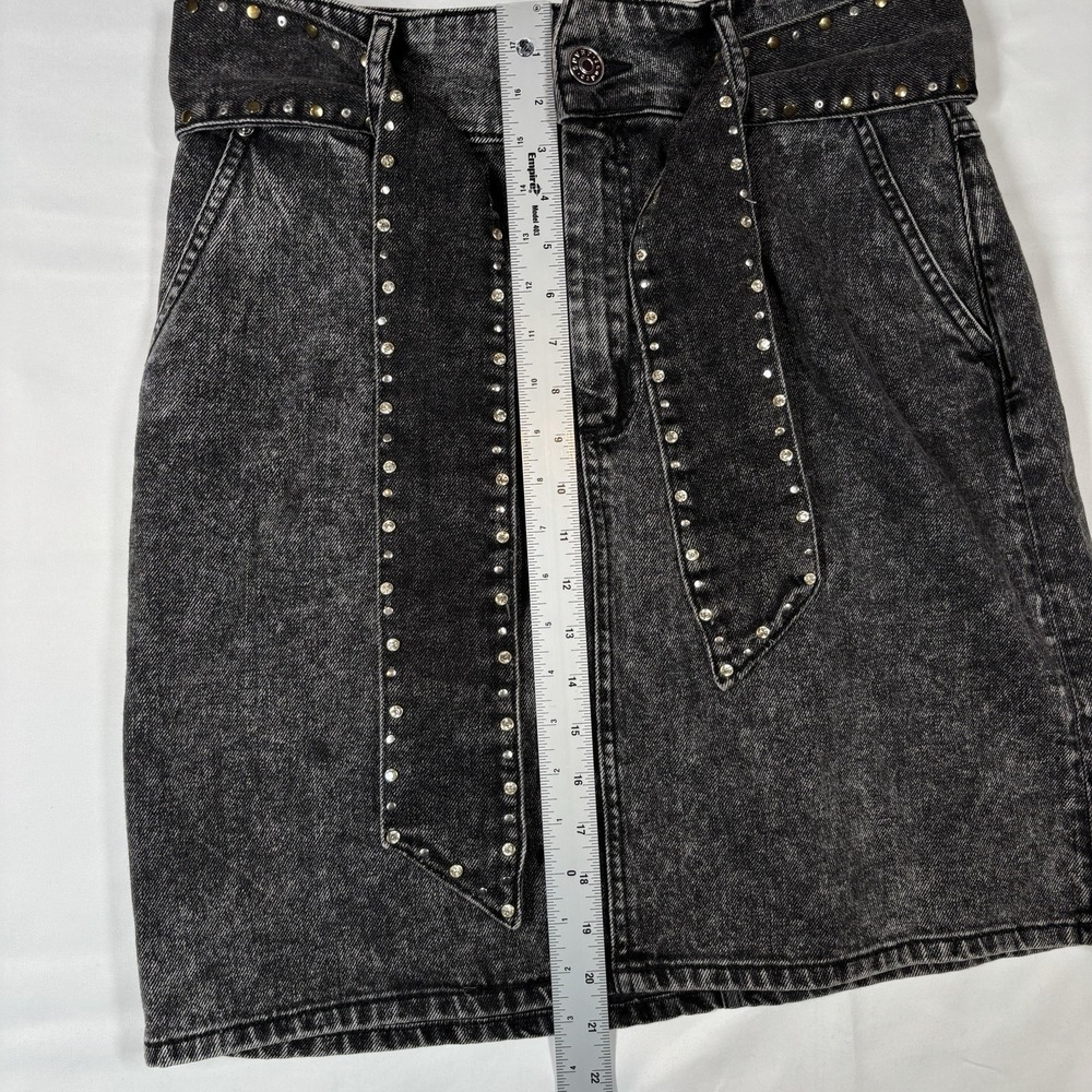 Sandro Black Washed Denim Mini Skirt with Studded Belt - Picture 10 of 12